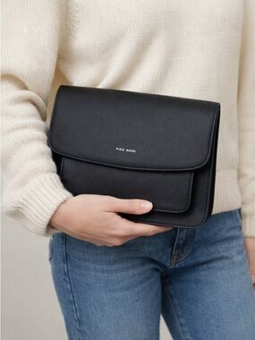 Pixie Mood Black Vegan Fold-Over Handbag Clutch Structured Minimalist Bag
